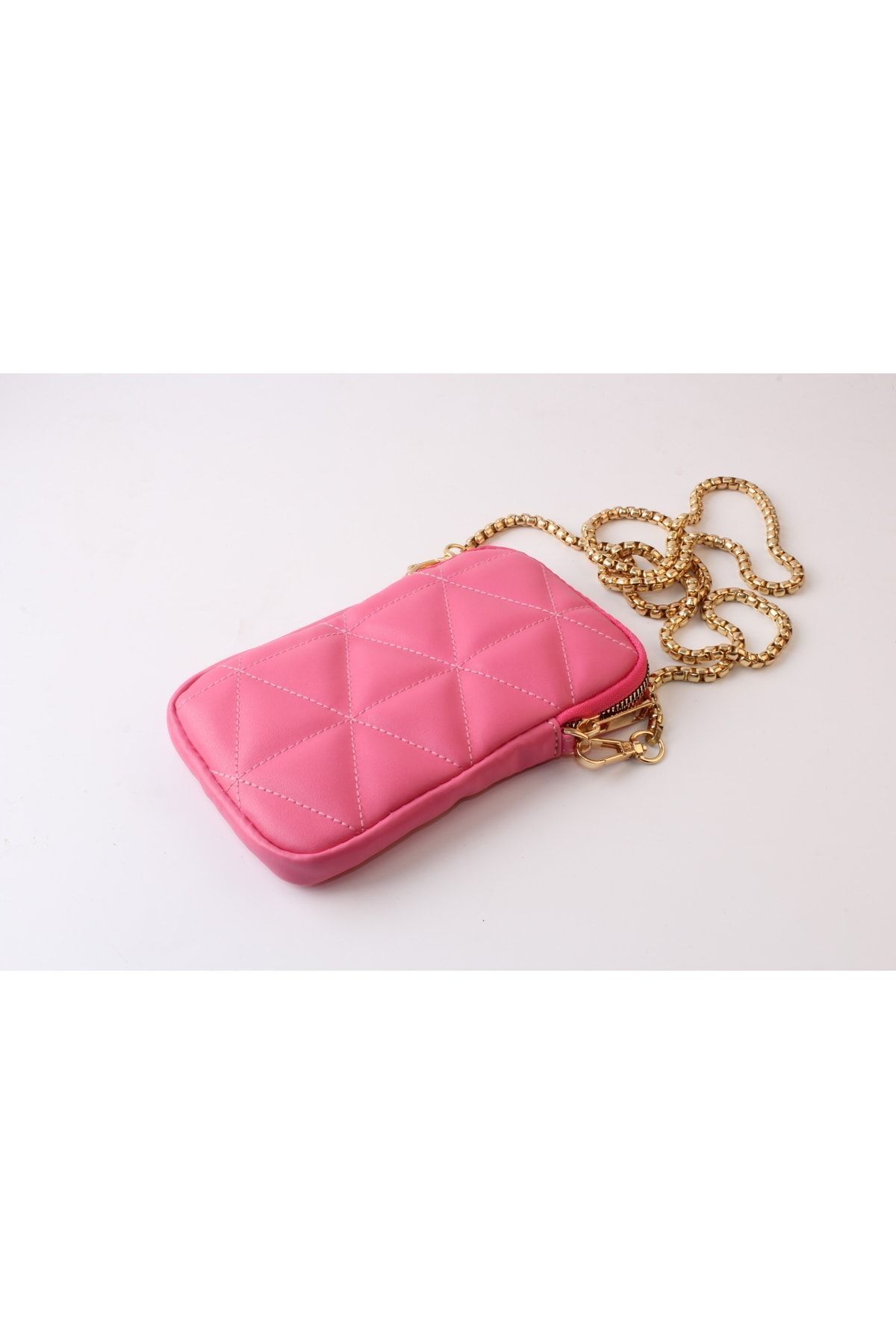 Yumuşak Derili Zincirli Telefonluklu Çanta Pembe Pembe
