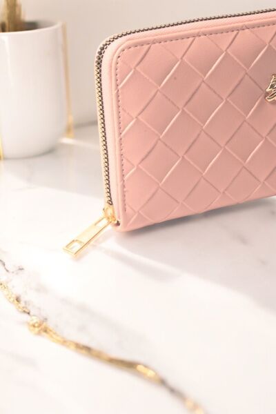 Kadın Kapitone Desen Fermeuarlı Büyük Boy Portföy Pembe Cüzdan Aksesuar Pembe