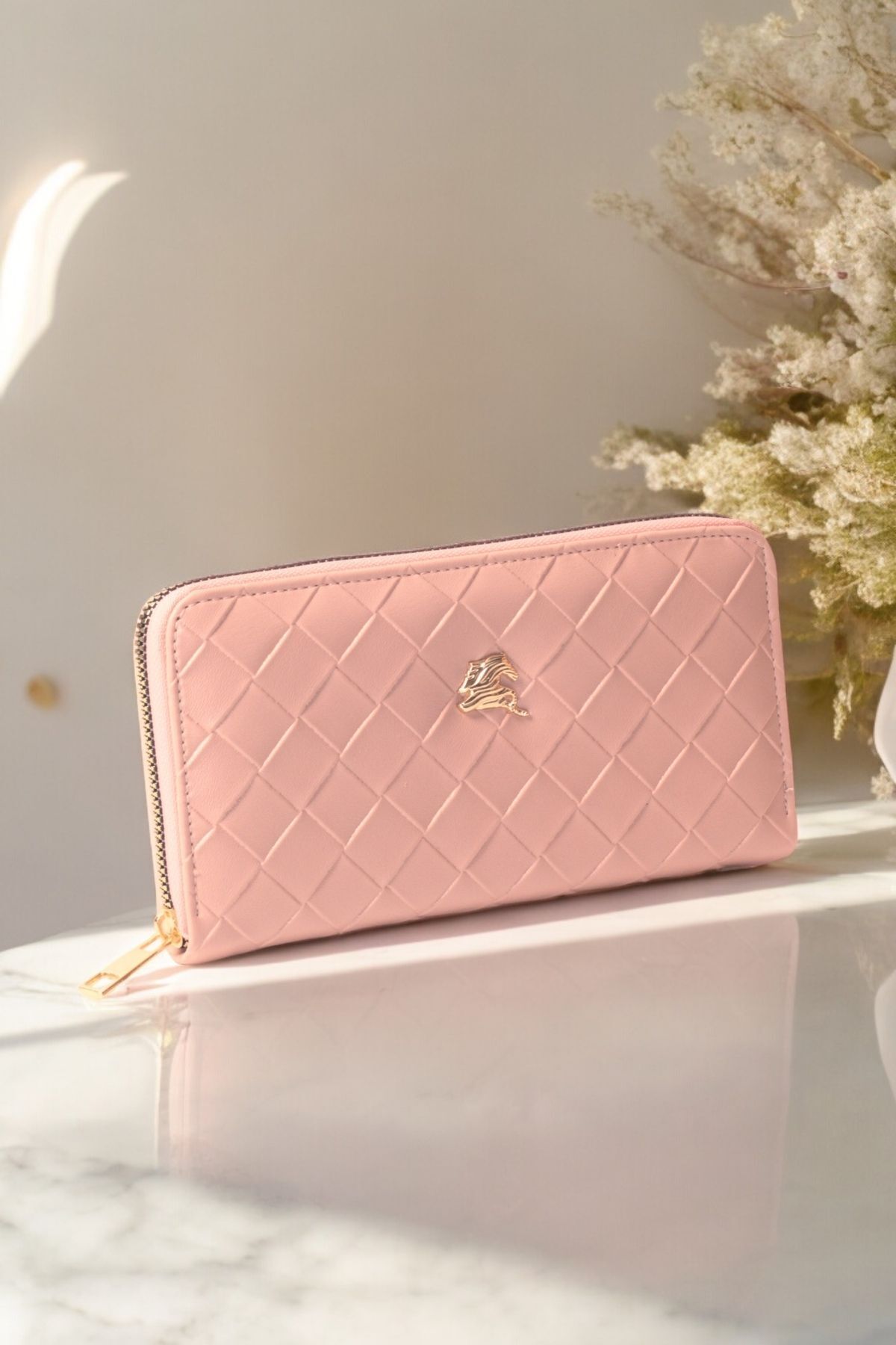 Kadın Kapitone Desen Fermeuarlı Büyük Boy Portföy Pembe Cüzdan Aksesuar Pembe