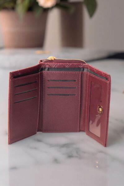 Kadın Şık Kapitone Desen Fermuarlı Orta Boy Bordo Cüzdan Aksesuar Bordo