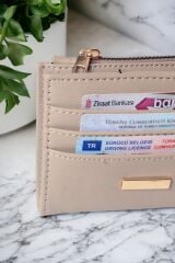 Kadın Şık Dayanıklı Önü Kartlıklı Kağıt Para Bölmeli Bol Kartlıklı Krem Cüzdan Kartlık Aksesuar Krem