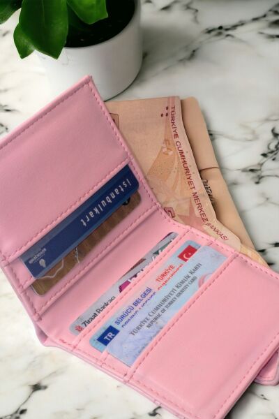 Kadın Şık ve Fonksiyonel Minimal Bol Kartlıklı Dayanıklı Pudra Kadın Cüzdan Kartlık Aksesuar Pudra