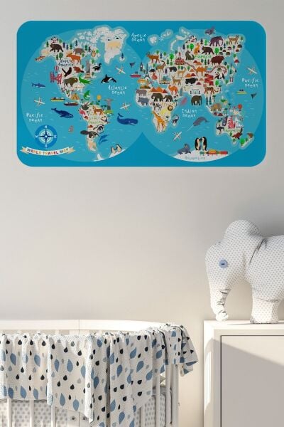 Eğitici Dünya Haritası Dünya Atlası Çocuk Ve Bebek Odası Duvar Sticker Karışık