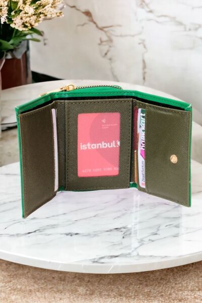 Kadın Fermuarlı Ve Çıtçıtlı Bozuk Para Bölmeli Şık Yeşil Cüzdan Kartlık Aksesuar YEŞİ