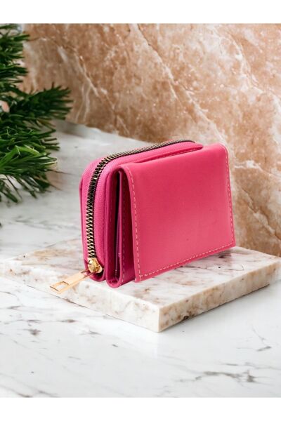 Kadın Fermuarlı Ve Çıtçıtlı Bozuk Para Bölmeli Şık Pembe Cüzdan Kartlık Aksesuar PEMBE