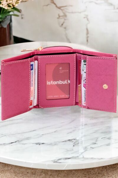 Kadın Fermuarlı Ve Çıtçıtlı Bozuk Para Bölmeli Şık Pembe Cüzdan Kartlık Aksesuar PEMBE