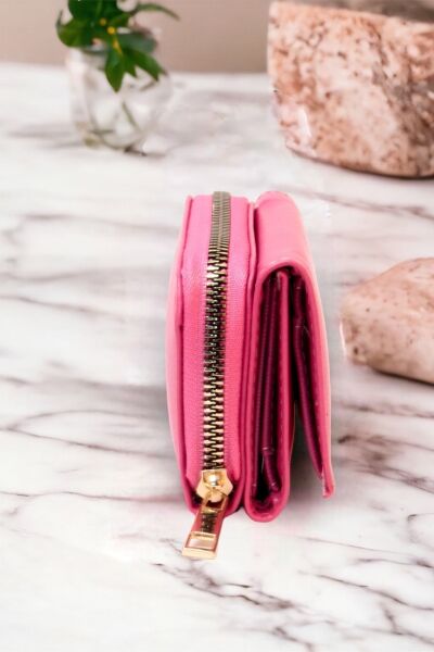 Kadın Fermuarlı Ve Çıtçıtlı Bozuk Para Bölmeli Şık Pembe Cüzdan Kartlık Aksesuar PEMBE
