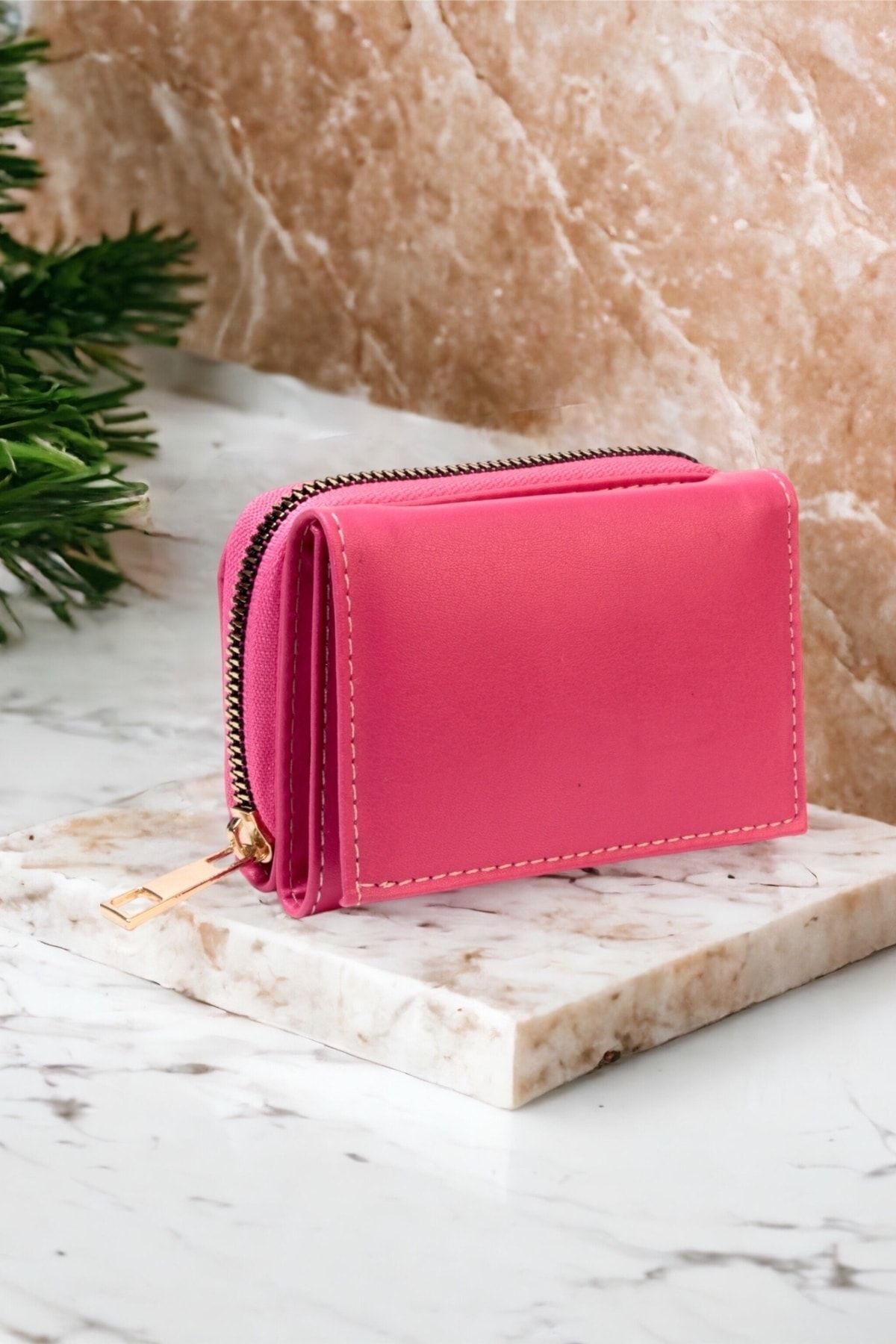 Kadın Fermuarlı Ve Çıtçıtlı Bozuk Para Bölmeli Şık Pembe Cüzdan Kartlık Aksesuar PEMBE