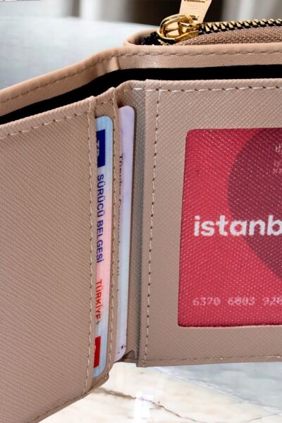 Kadın Fermuarlı Ve Çıtçıtlı Bozuk Para Bölmeli Şık Vizon Cüzdan Kartlık Aksesuar VİZON
