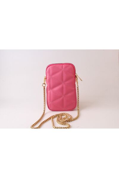 Yumuşak Derili Zincirli Telefonluklu Çanta Pembe Pembe