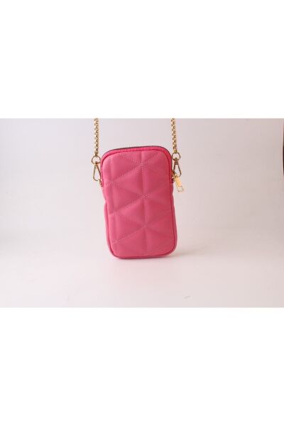 Yumuşak Derili Zincirli Telefonluklu Çanta Pembe Pembe