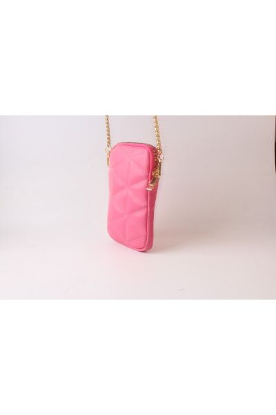 Yumuşak Derili Zincirli Telefonluklu Çanta Pembe Pembe