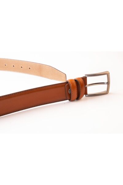 3.5 Cm %100 Hakiki Deri Çift Kat Dikişli Kumaş Kemeri -taba - Takım Elbiseler Için Ideal TABA